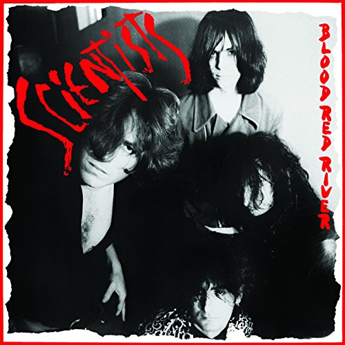 Black and white photo of a band, "Scientists - Blood Red River" vinyl cover.