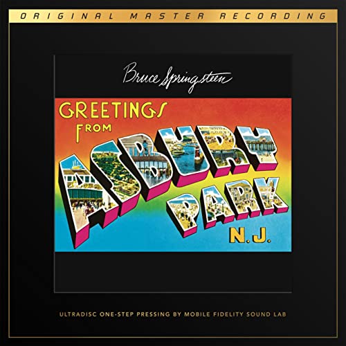 Bruce Springsteen's "Greetings From Asbury Park, N.J." album cover with colorful lettering.