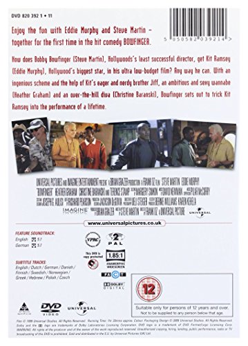 Bowfinger" DVD back cover with stills of Eddie Murphy and Steve Martin.