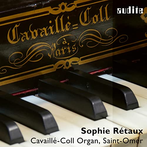 Close-up of organ keys and ornate nameplate, CD cover art.