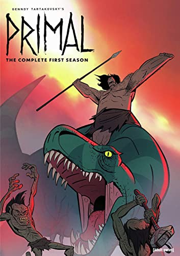 “Primal” DVD cover: caveman riding a dinosaur, red and orange background.
