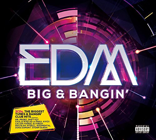 CD cover for “EDM - BIG & BANGIN’”, with neon geometric design.