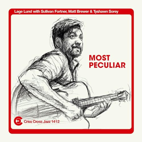 Sketch of a man with a guitar, album cover for Lage Lund’s “Most Peculiar.”