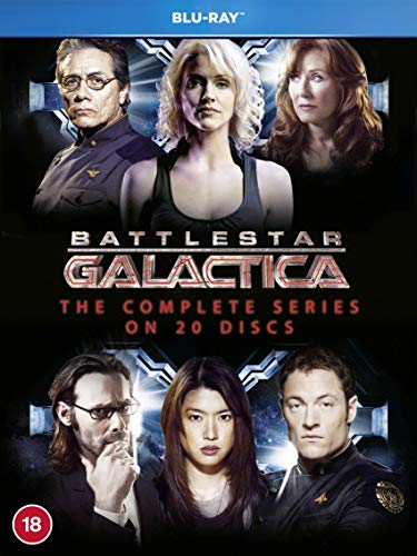 Battlestar Galactica The Complete Series Blu-ray cover featuring a cast montage on black background.