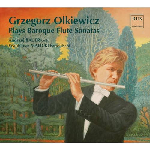 Man playing a silver flute, album cover for Baroque flute sonatas.