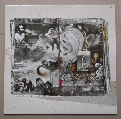 Collage of figures, dogs, and a large ear on a vinyl record cover.