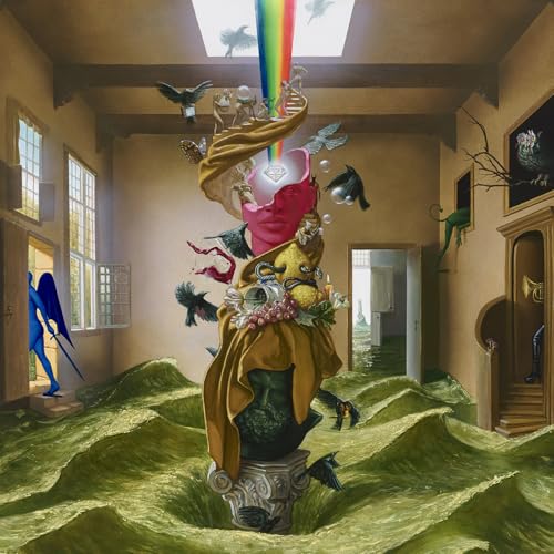 Surreal album cover with a red face and fantastical, colorful imagery.