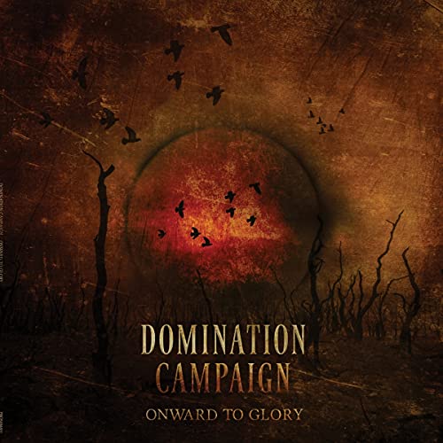 CD cover: dark, textured landscape with birds flying towards a red sun.