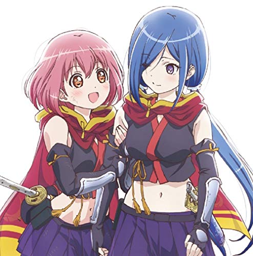 Two anime girls, Momo and Yuki, with swords and red scarves.