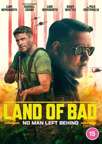 DVD cover for "Land of Bad" featuring Liam Hemsworth and Russell Crowe.