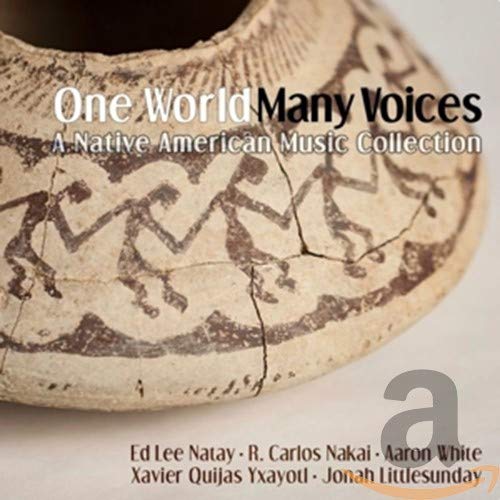Vinyl record cover with ancient pottery design and text: "One World Many Voices".