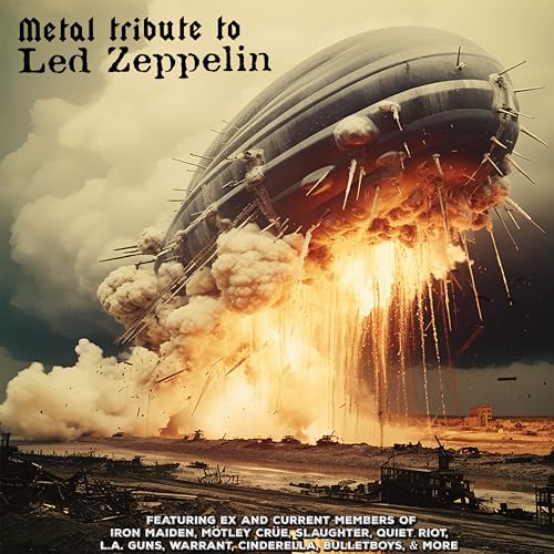 Album cover: airship amidst stormy sky and flames, metal tribute to Led Zeppelin.