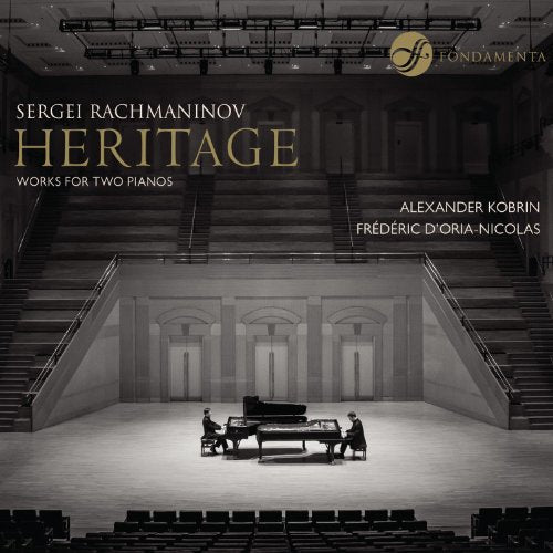 CD cover: Two pianists at grand pianos in an empty concert hall.