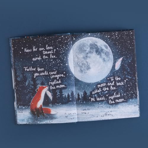 An open book page shows a fox looking up at a large full moon.