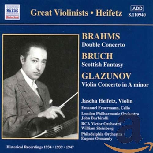 CD cover featuring violinist Jascha Heifetz in a suit, with text listing composers.