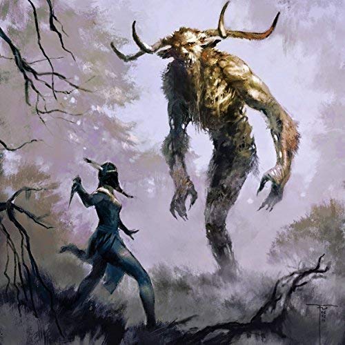 Painting of a horned beast towering over a small, fleeing figure.