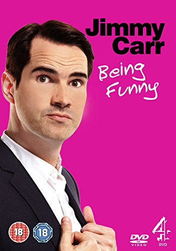 DVD cover for Jimmy Carr: Being Funny featuring a portrait against a pink background.