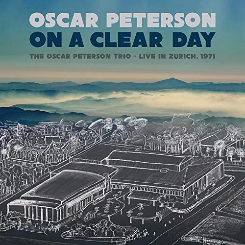 Album cover for Oscar Peterson’s “On A Clear Day” with a mountain landscape.