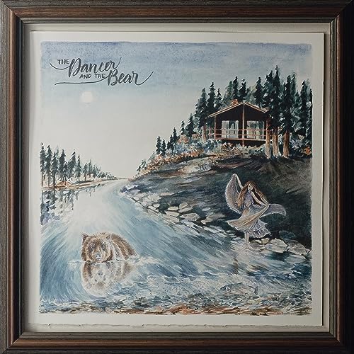 Watercolor painting of a dancer, a bear, and a cabin by a lake.