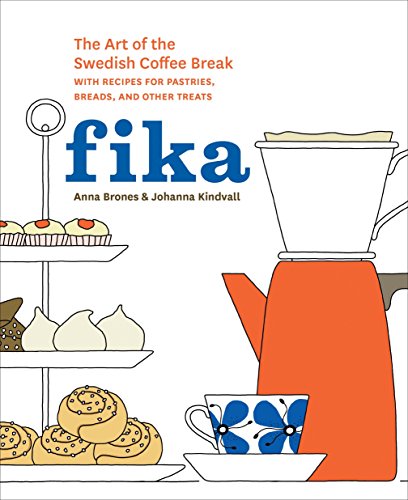 Book cover with illustrated coffee pot, pastries, and the word “fika”.