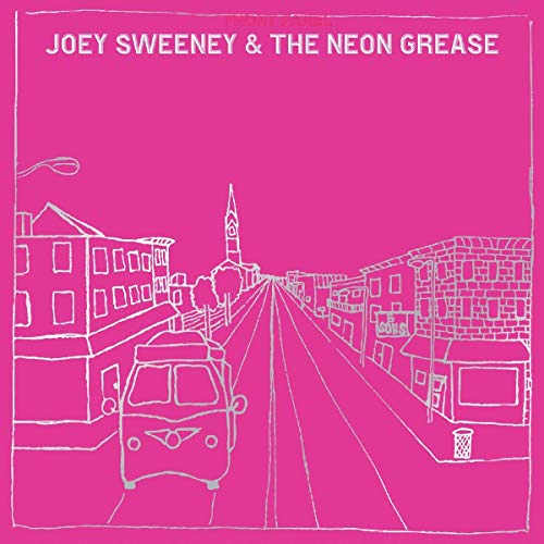 Pink album cover with white line drawing of a town street scene.