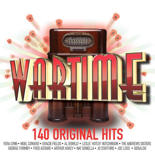CD cover with a vintage radio, poppies, and the word "Wartime" in gold.