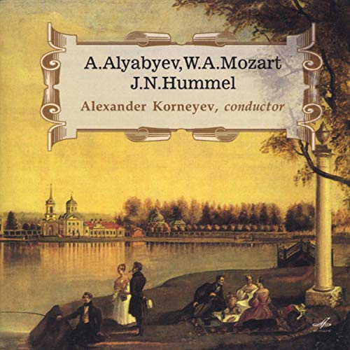 CD cover: orchestral works by Alyabyev, Mozart, and Hummel, landscape scene.