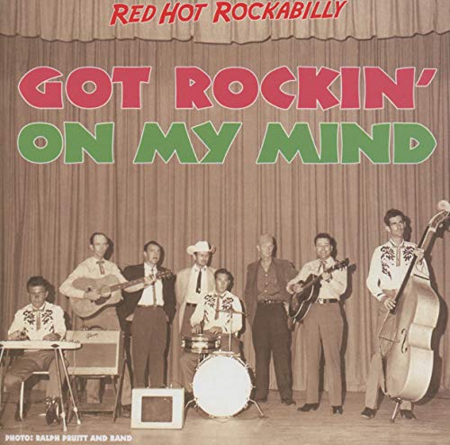 Vintage rockabilly band photo with red and green title text.