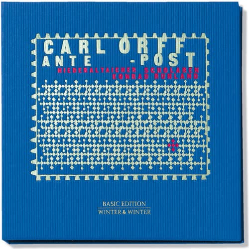 Blue CD case for Carl Orff’s “Ante-post” with patterned silver text.