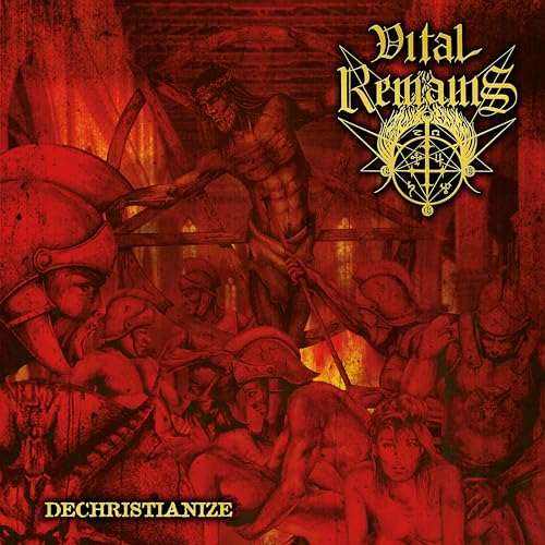 Dark album cover with a crucified figure and armored soldiers, "Vital Remains.