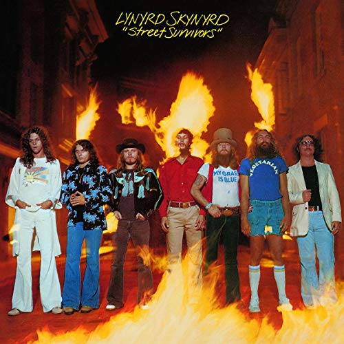 Lynyrd Skynyrd "Street Survivors" album cover with band members and flames.