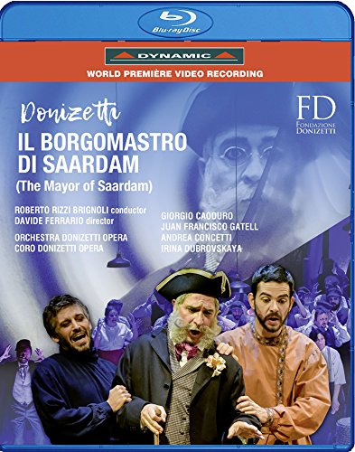 Blu-ray cover for Donizetti’s “Il Borgomastro” opera, featuring performers.