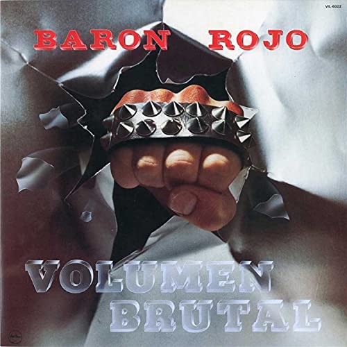 Baron Rojo album cover: fist with spiked bracelet breaking through silver.