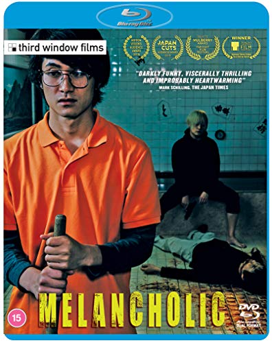 Blu-ray cover for the film *Melancholic* featuring two men and a body.