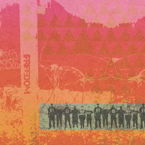 Album cover with abstract orange and pink background, group of figures below.