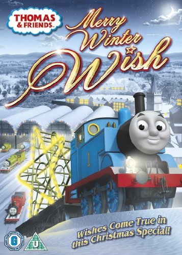 Thomas the Tank Engine DVD cover with a winter scene and festive lights.