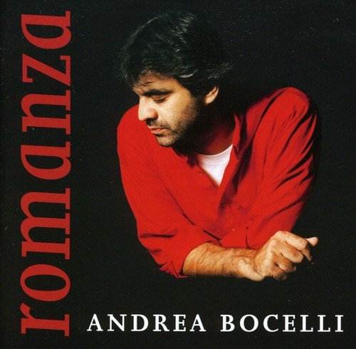 Andrea Bocelli's "Romanza" CD cover: man in red against black background.