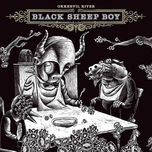 Black and white illustration of a horned figure and a pig at a table.