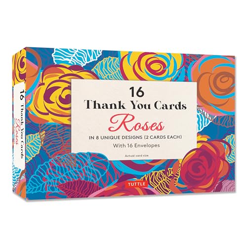 16 Thank You Cards, Roses : 4 1/2 x 3 inch blank cards in 8 Lovely Designs (2 each) with 16 Envelopes
