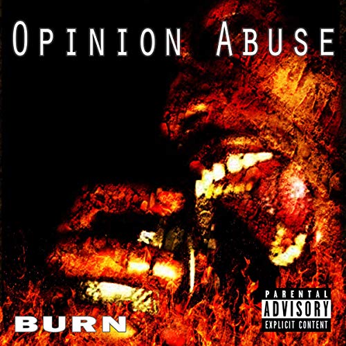 CD cover for “Opinion Abuse” featuring a distorted face engulfed in flames.