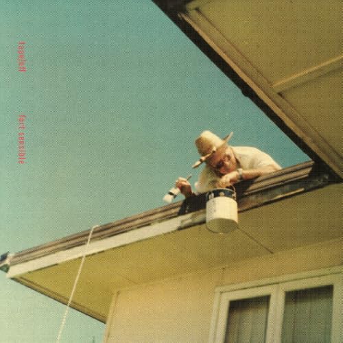 CD cover: man painting a roof, pale blue and yellow tones.