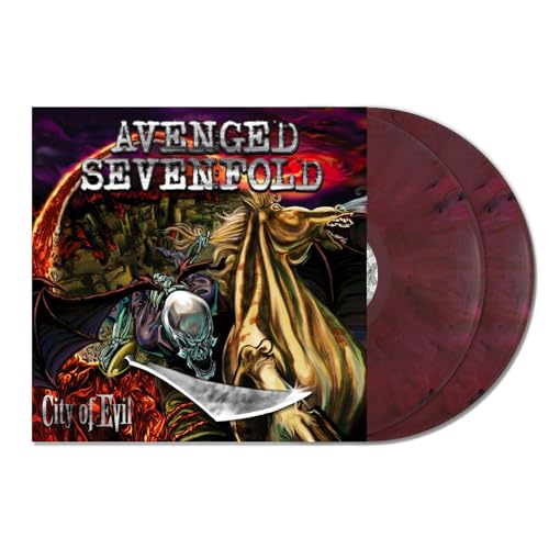 Avenged Sevenfold “City of Evil” vinyl record with fiery album art.
