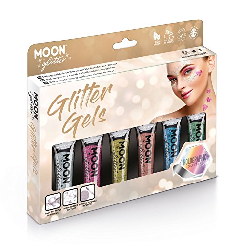 Holographic Fine Face & Body Glitter Gel by Moon Glitter - Boxset - Cosmetic Festival Glitter Face Paint for Face, Body, Hair, Nails - 12ml