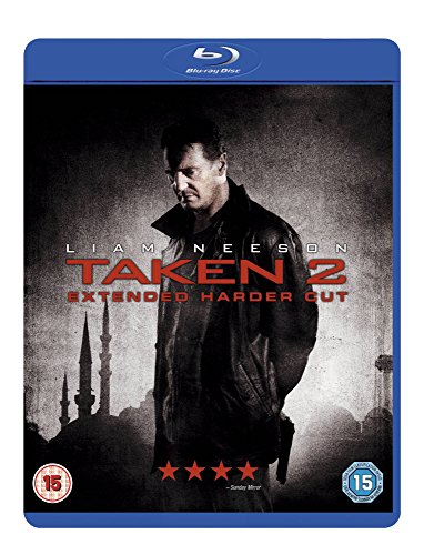 Blu-ray cover art for Taken 2 featuring Liam Neeson against a city silhouette background.