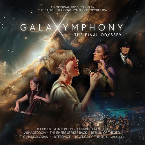 CD cover for “Galaxymphony” featuring singers and an orchestra in space.