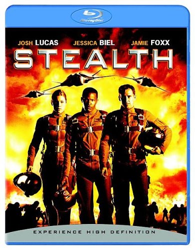 Blu-ray cover for the film Stealth featuring three pilots against a fiery background.