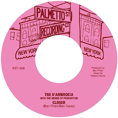 Pink vinyl record label with illustrated buildings and text details.