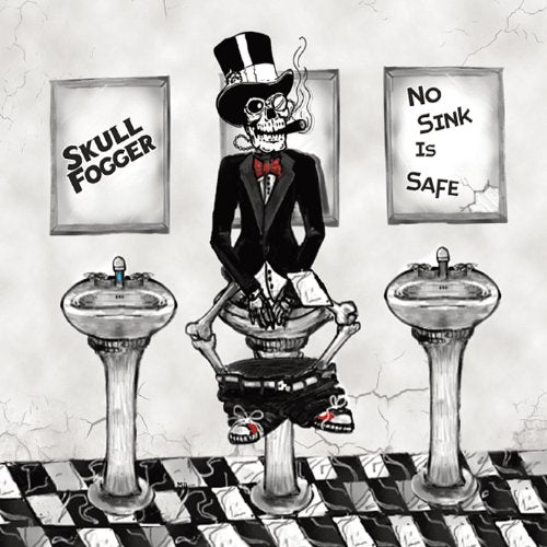 Skeleton in a suit sits on a toilet between two sinks.