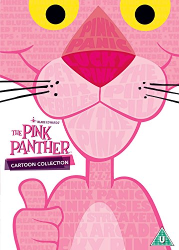Close-up of the Pink Panther character with text titles overlaid on his body.
