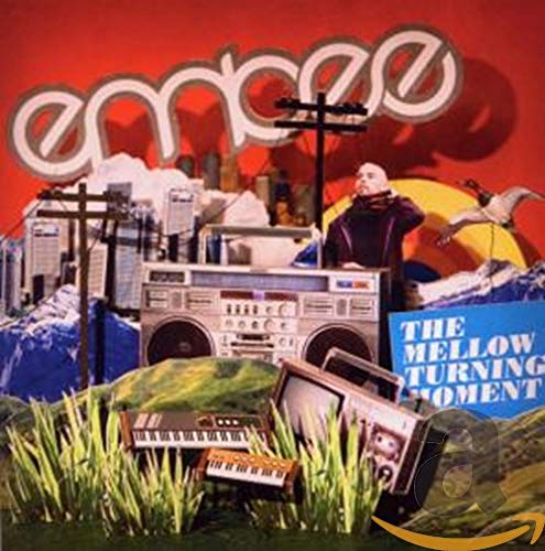 CD cover with a man, boombox, and surreal landscape in orange tones.